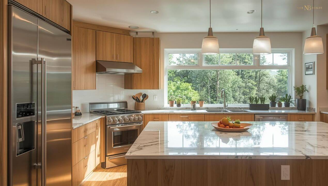 a bright home, with ceiling lights hanging from the bulkheads.