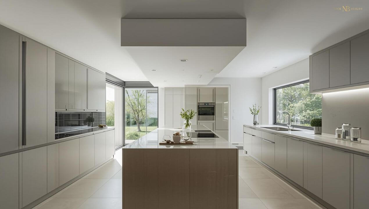 A clean, fresh model home with a bulkhead in the middle of the kitchen.