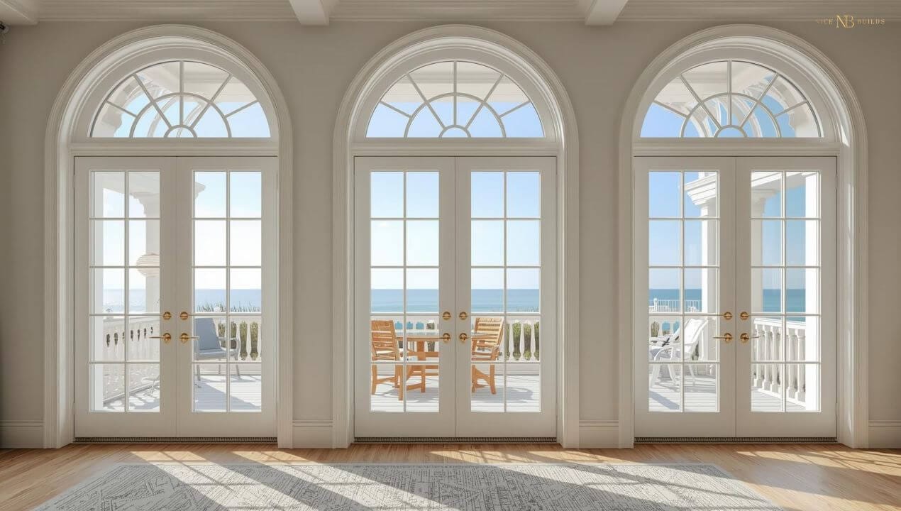 large French doors opening to a balcony with an ocean view