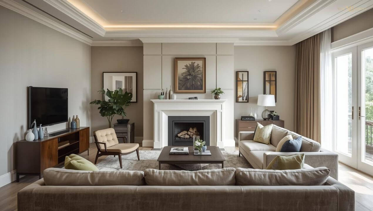 a cosy living room with a subtle bulkhead layering the entire space.