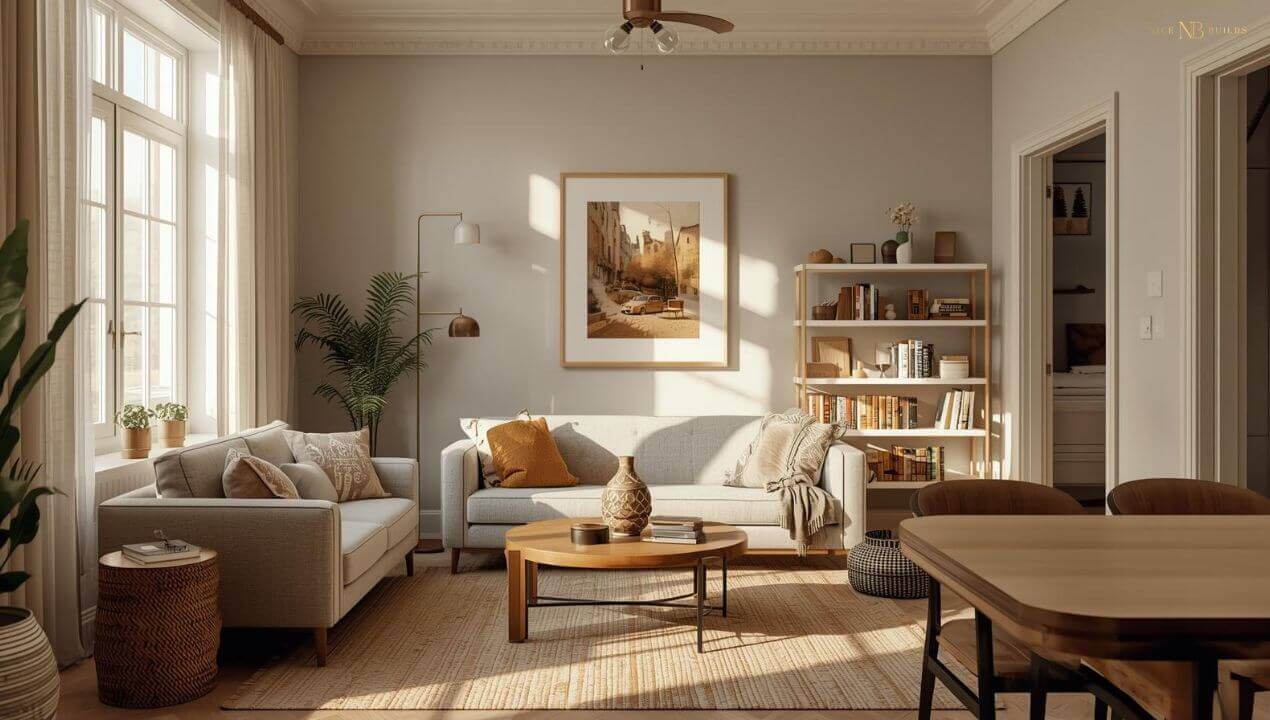 a cozy living space with woody accents, a white and muted palette.