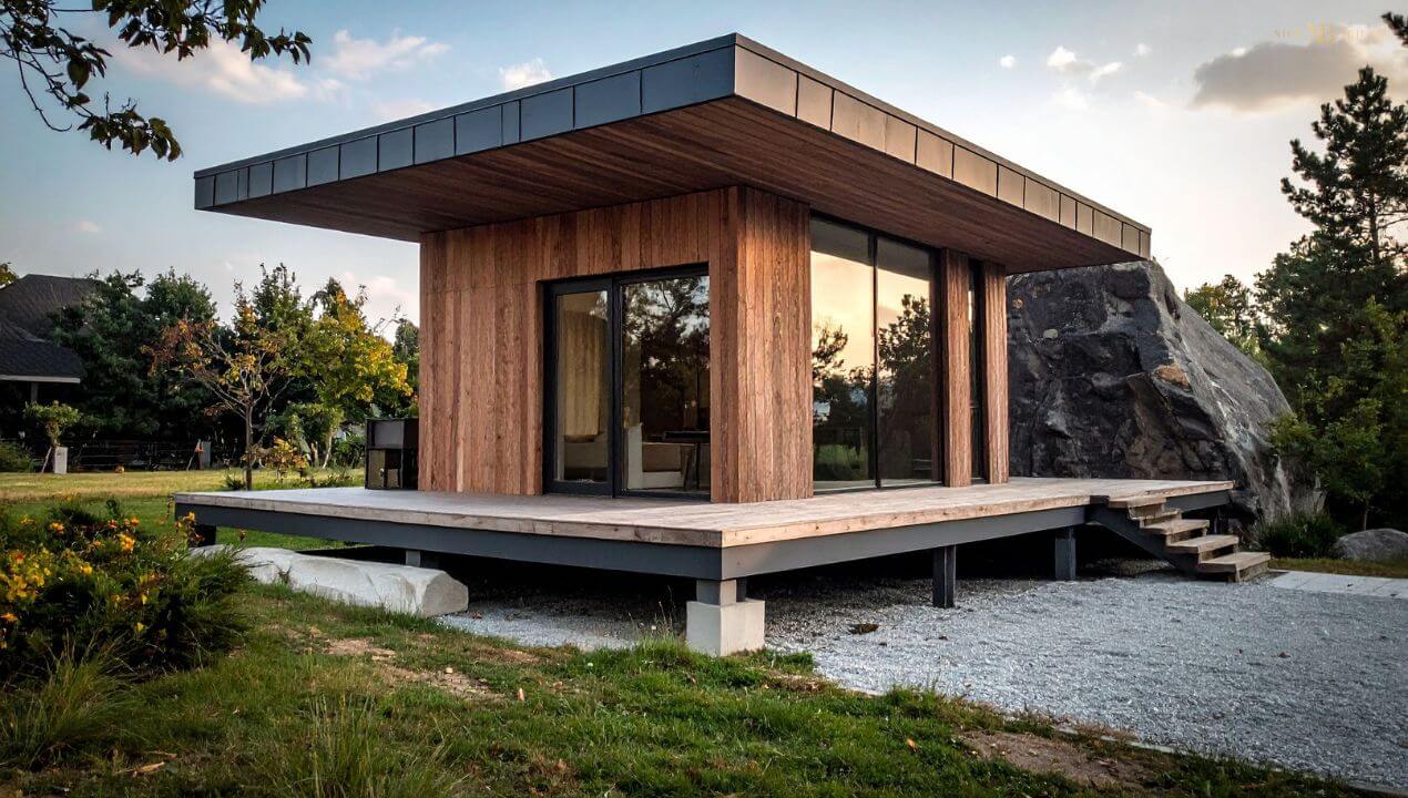 A tiny home with a single storey, elevated off the ground on a wooden platform.