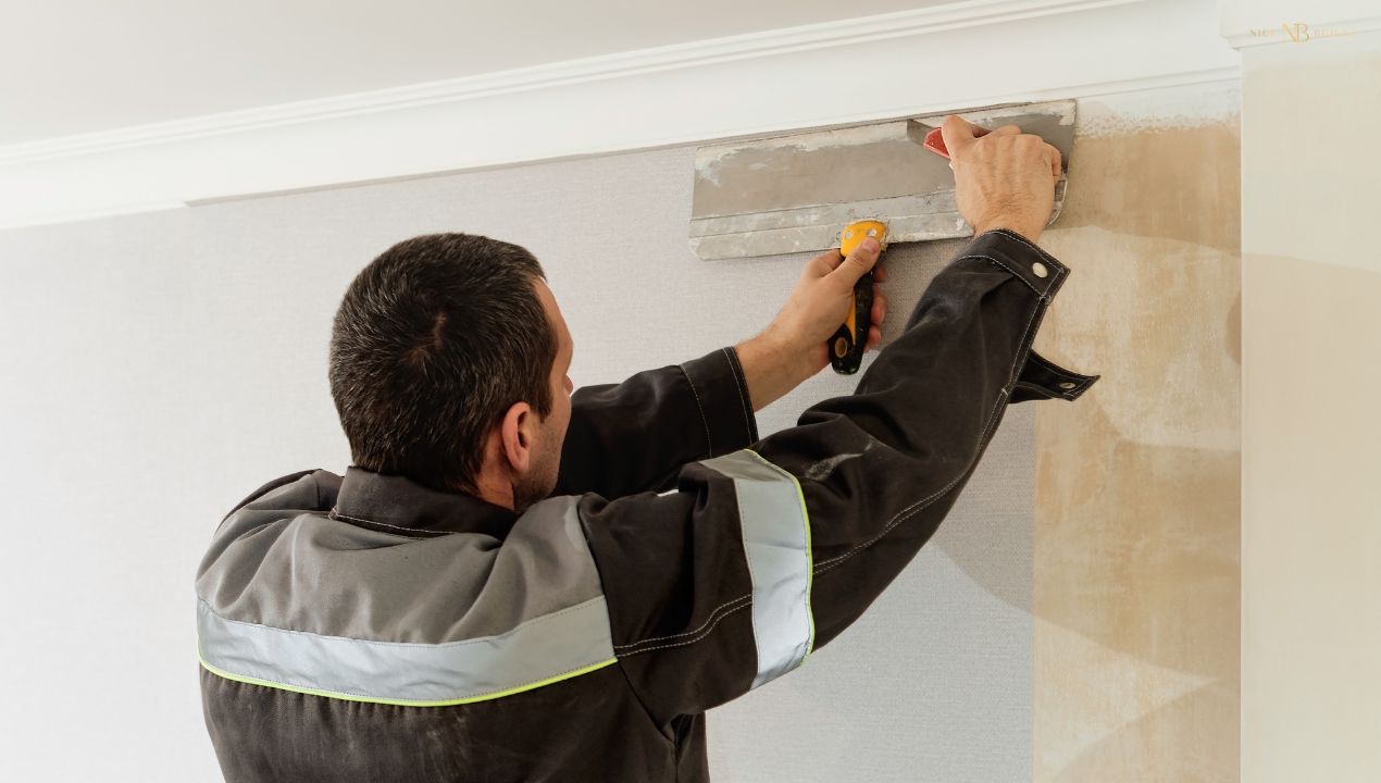 A construction worker preparing a corner ceiling architrave