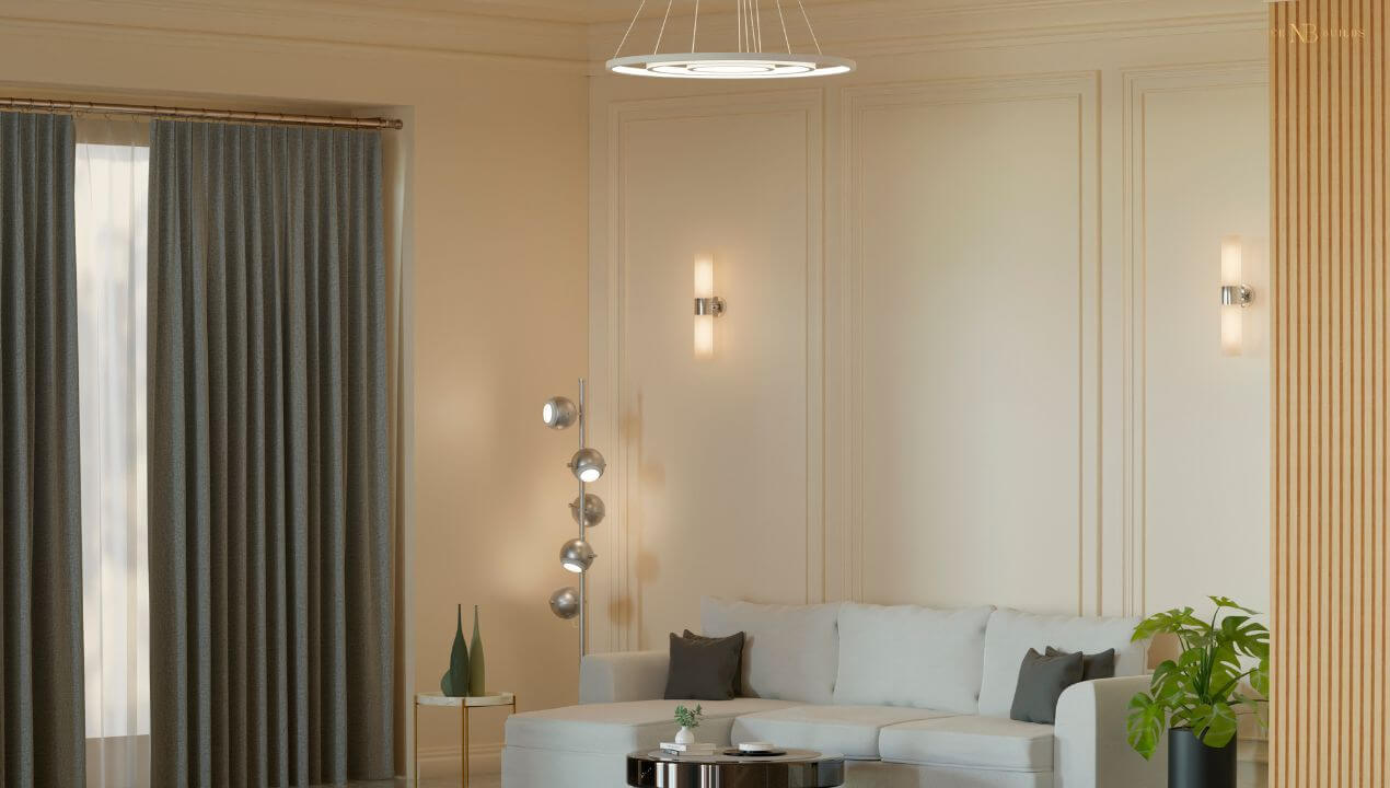 Modern living room interior with a white sofa, wall moldings, and contemporary lighting