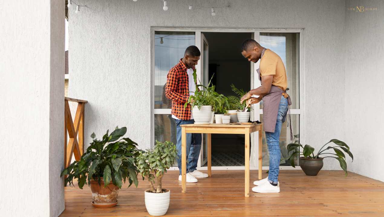 A couple gardening in the outside space of their home.