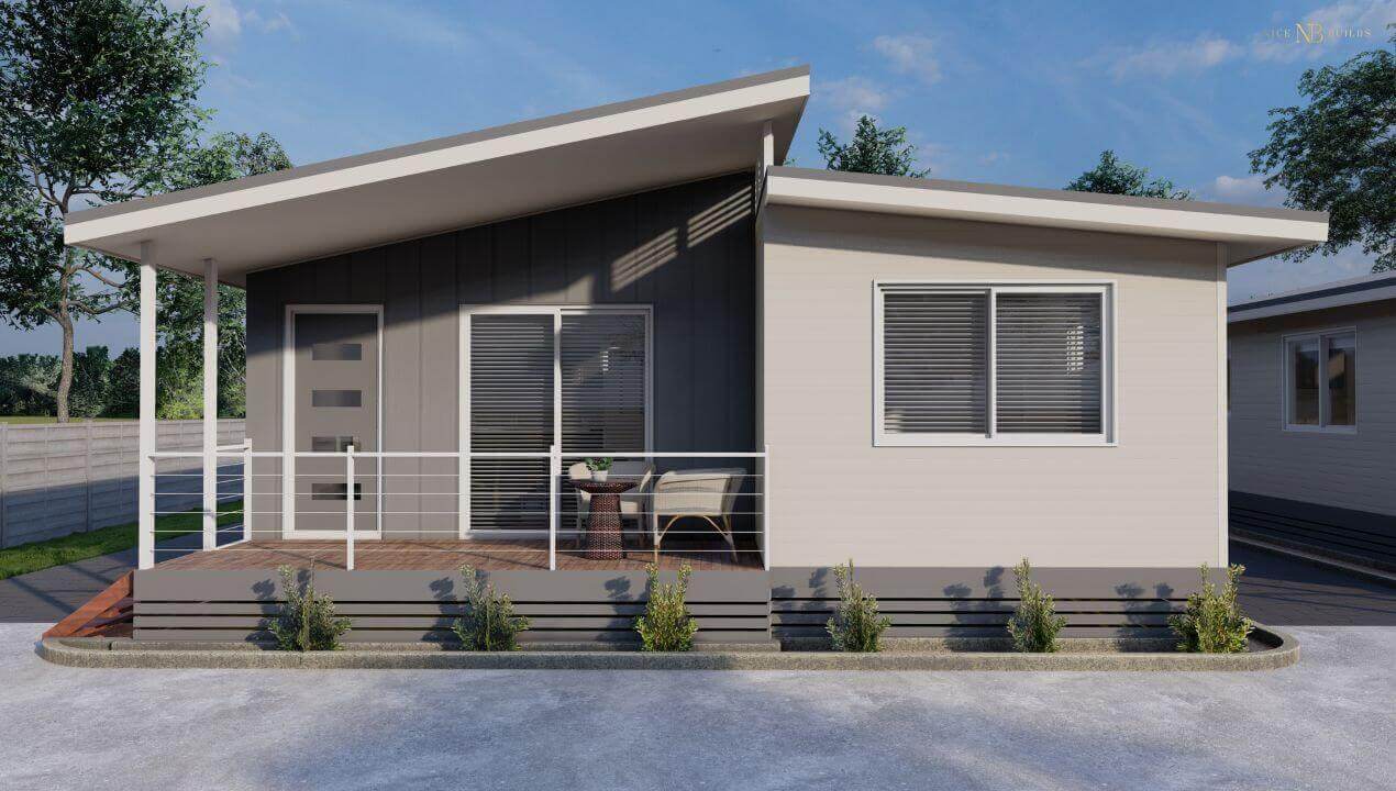 Modern single-storey home with a slanted roof, grey and white exterior, and a front deck with seating