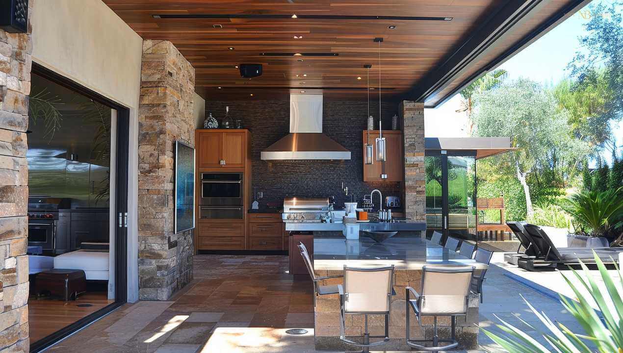 An open modern kitchen in the alfresco area of a home.
