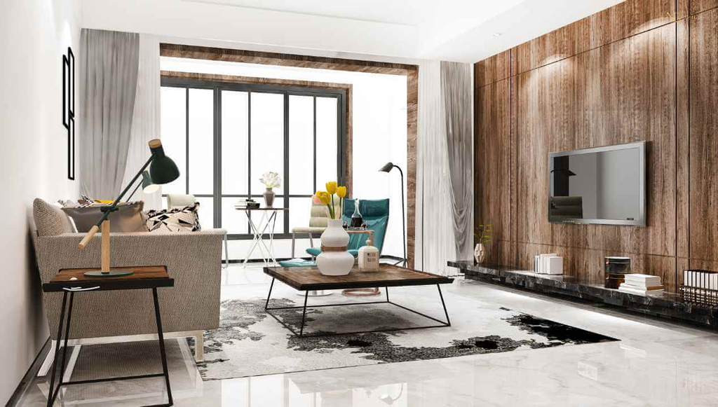 a living room with tile flooring 