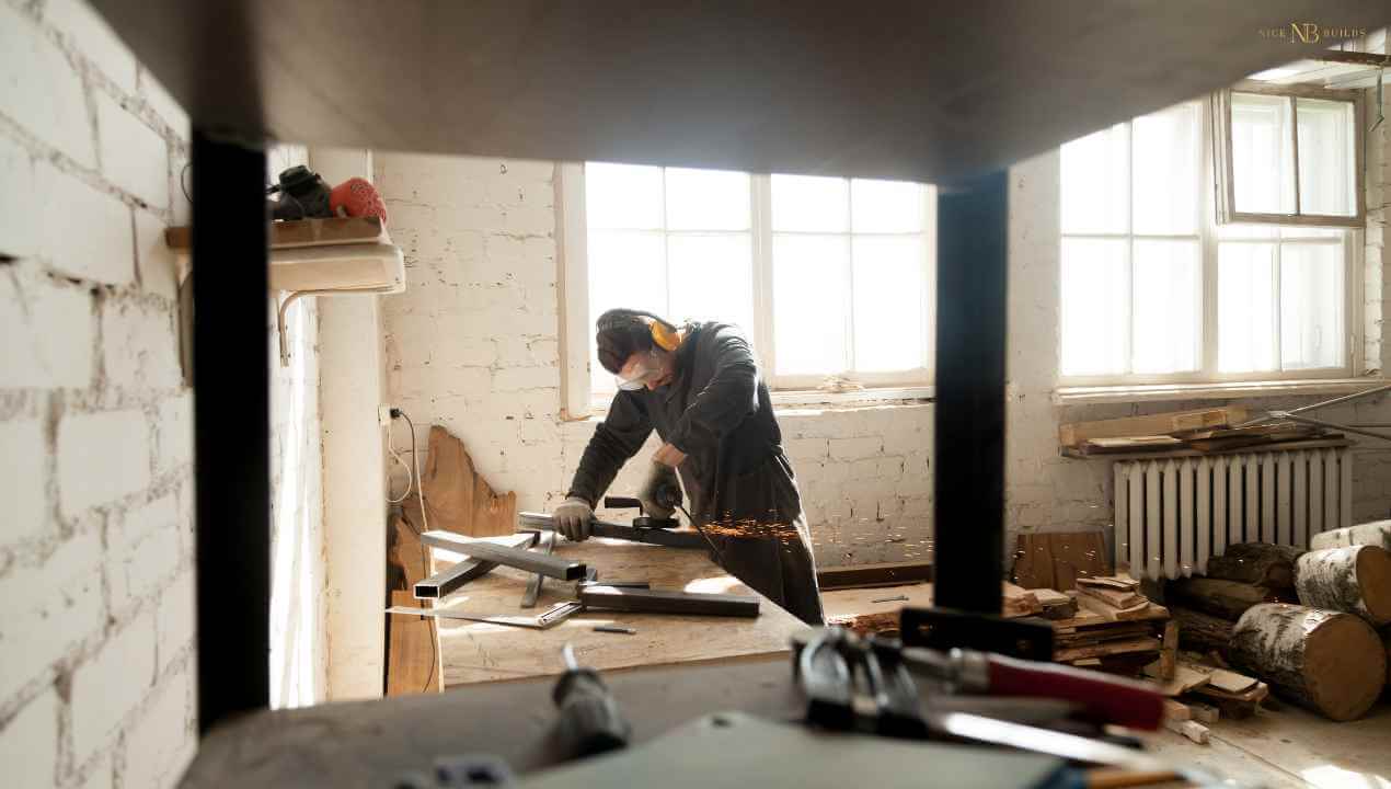 a worker grinding wood, metal and steel for a knockdown rebuild project