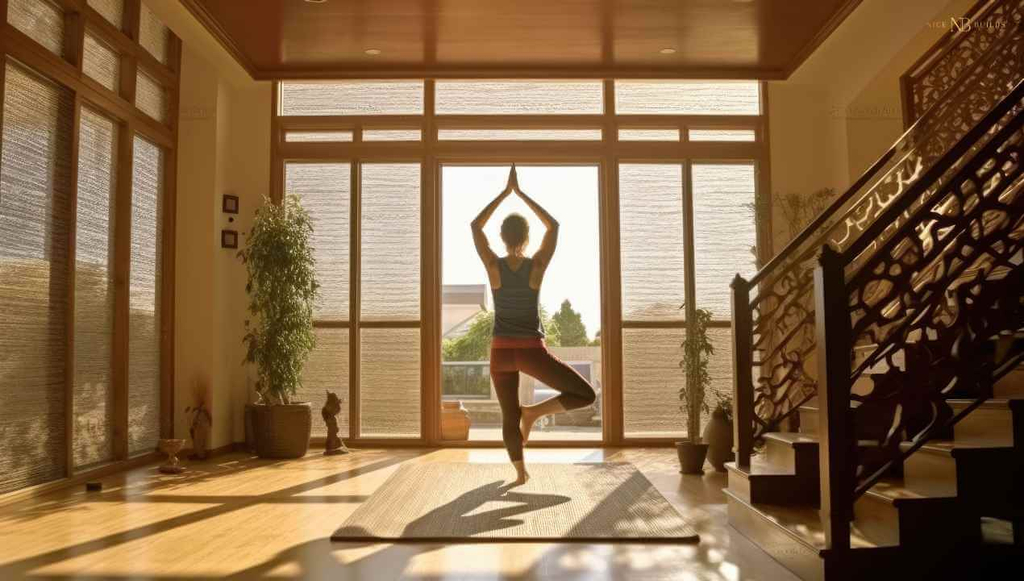 a young woman practising yoga in her good feng shui home