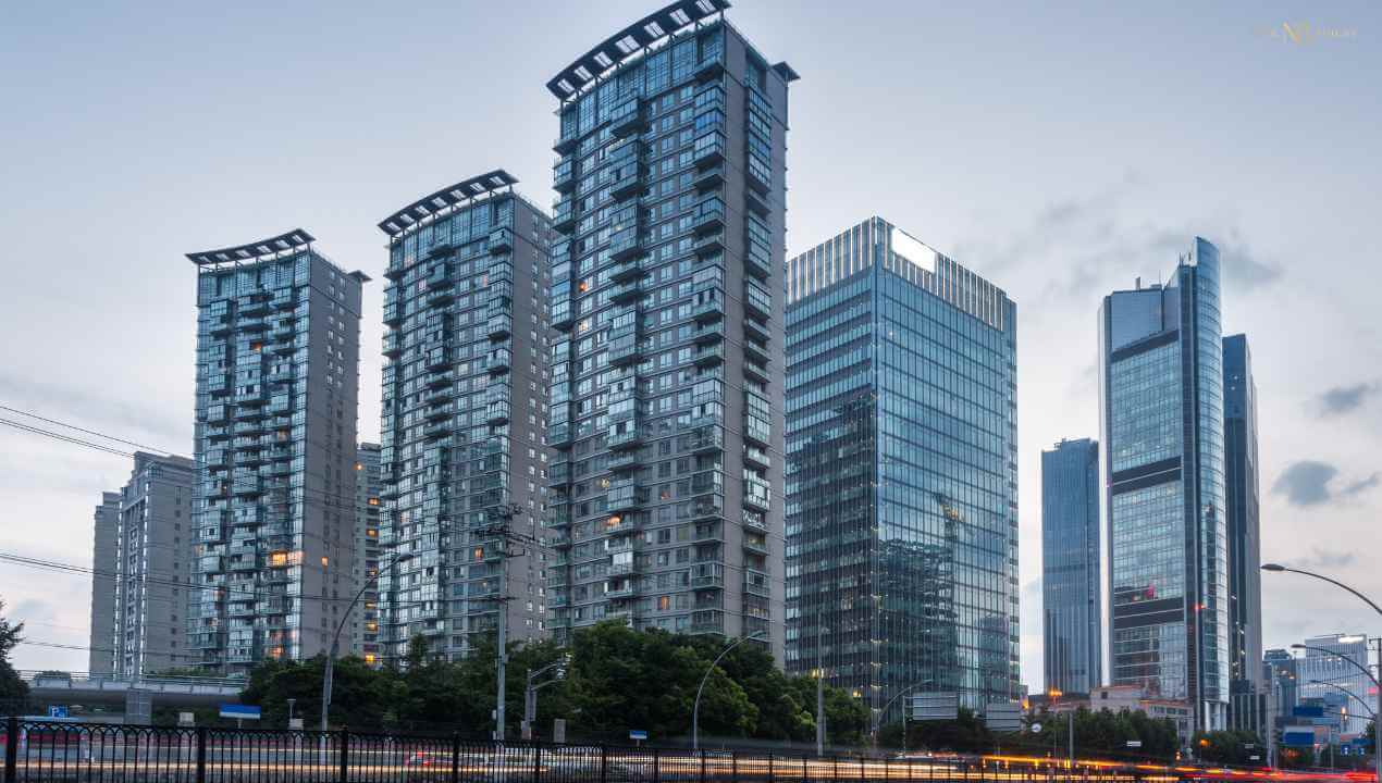 a beautiful cityscape showing luxurious apartment complexes 
