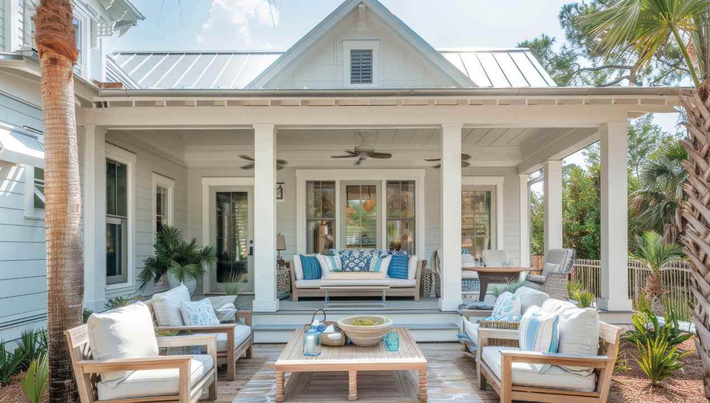 a hamptons inspired home with white and light blue accents